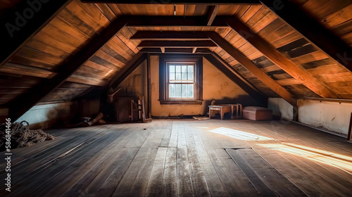 Rustic attic room  empty wooden interior with copy space. Indoor background. AI generative image.