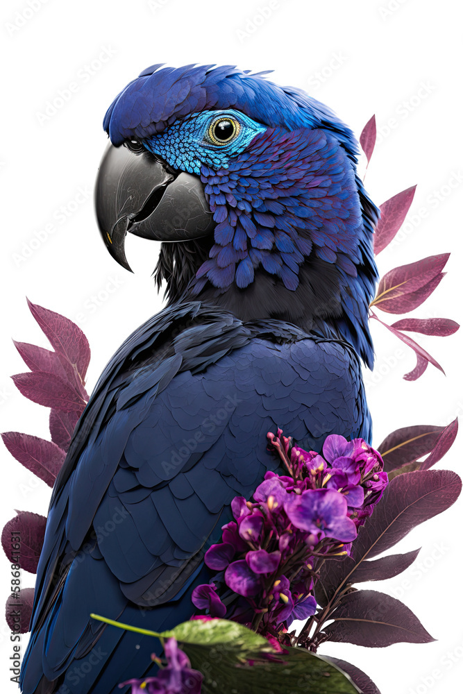 Fototapeta premium a summer-themed macro photographic illustration of a blue indigo and purple macaw parrot with pink flowers transparent background in PNG. T-shirt Design. Generative AI