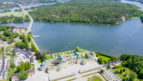 Stockholm  Sweden - June 23  2019  Drottningholm. Drottningholms Slott. Well-preserved royal residence with a Chinese pavilion  theater and gardens  From Drone