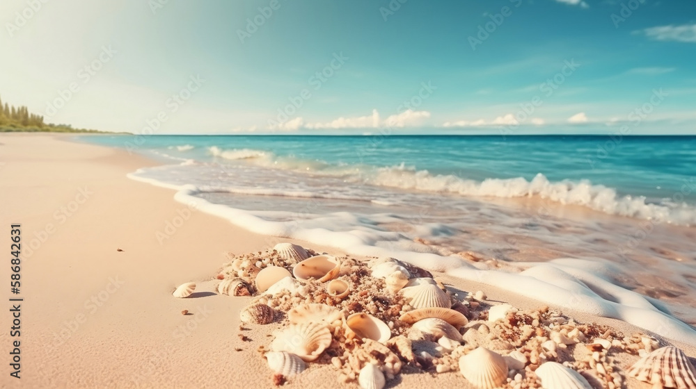 Sunny tropical beach with turquoise water, summer holidays vacation background, seashells in sand, palm tree on the beach. Generative AI. Sunny tropical beach with turquoise water, summer holidays vacation background, seashells in sand, palm tree on the beach. Generative AI.