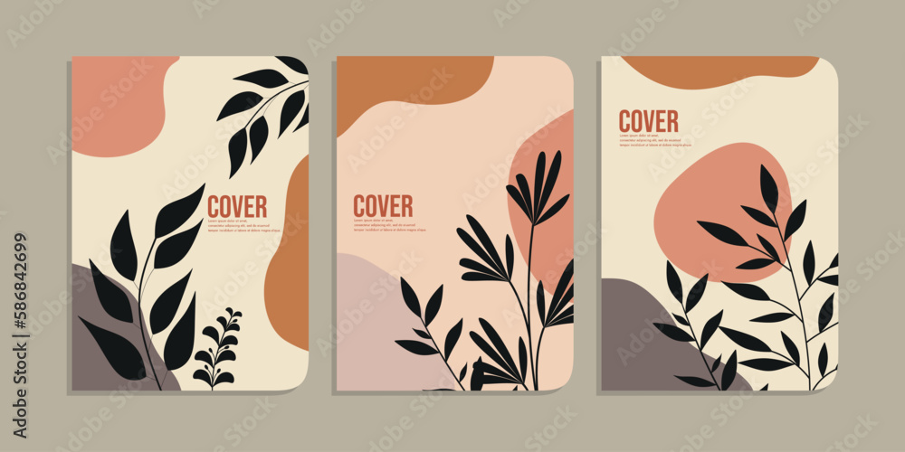 Fototapeta premium set of book cover designs with hand drawn floral decorations. abstract retro botanical background.size A4 For notebooks, diary, invitation, planners, brochures, books, catalogs