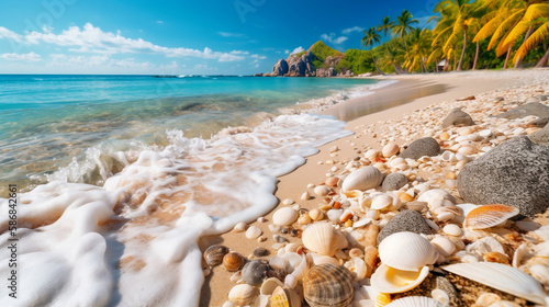 Sunny tropical beach with turquoise water, summer holidays vacation background, seashells in sand, palm tree on the beach. Generative AI.