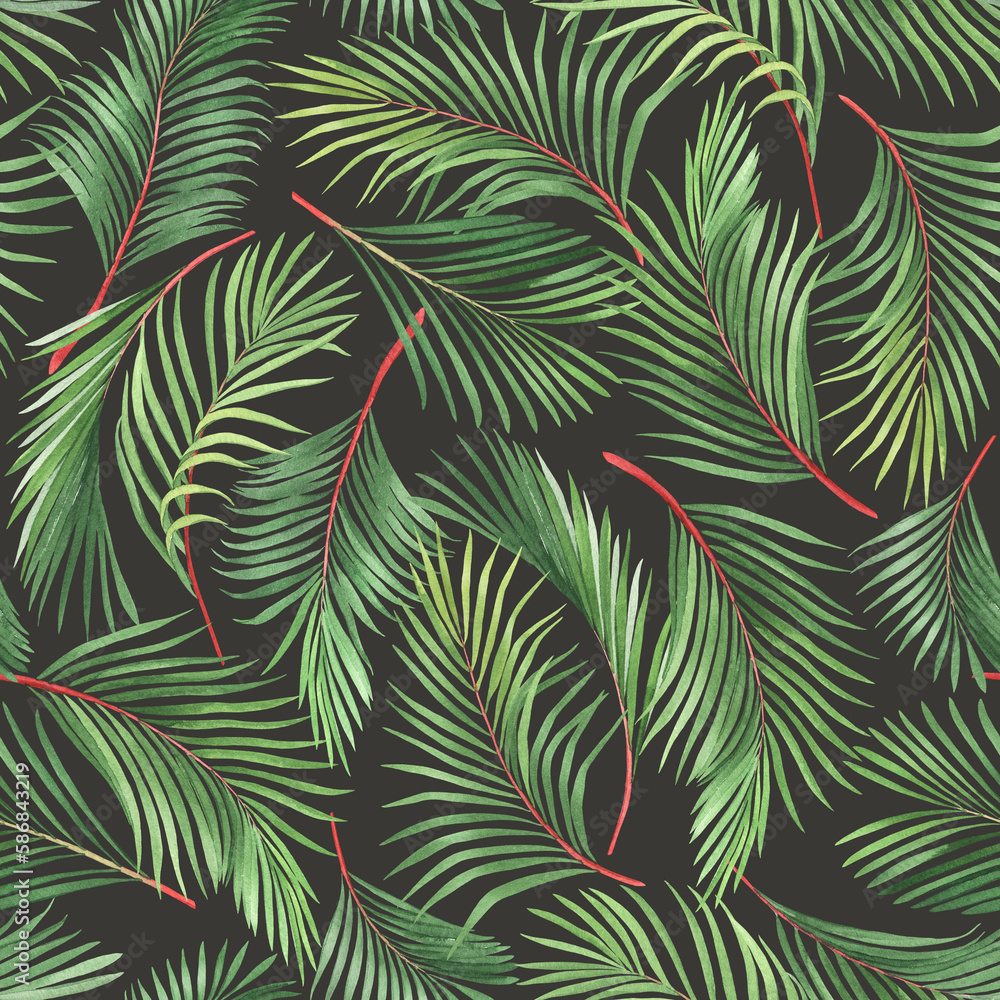 Tropical seamless pattern of colorful palm leaves (red wax palm Cyrtostachys renda), watercolor illustration on dark background for textile, wallpapers or your design floral.