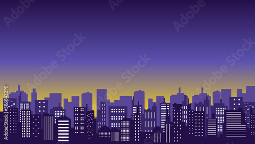 Beautiful city silhouette with panoramic view of misty skye and twinkling lights