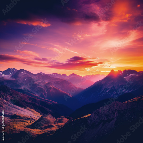 A mountain landscape during sunset, with the sun casting a warm orange glow across the rugged peaks and valleys, while the sky is painted with shades of pink and purple
