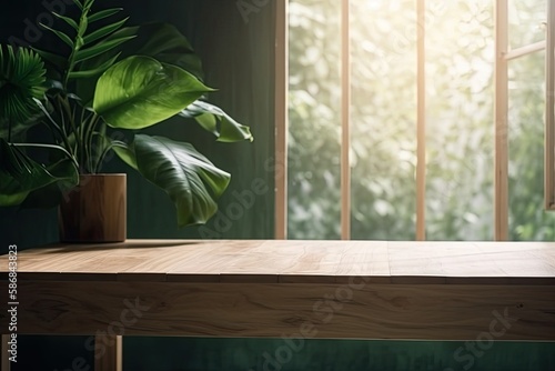 potted plant placed on a wooden table. Generative AI © AkuAku