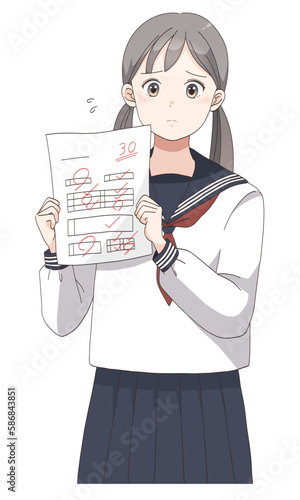 テストで赤点を取って困っている学生服の女子生徒(ツインテールへア)