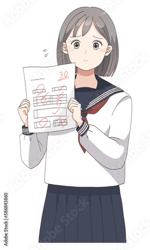 テストで赤点を取って困っている学生服の女子生徒(ショートへア)