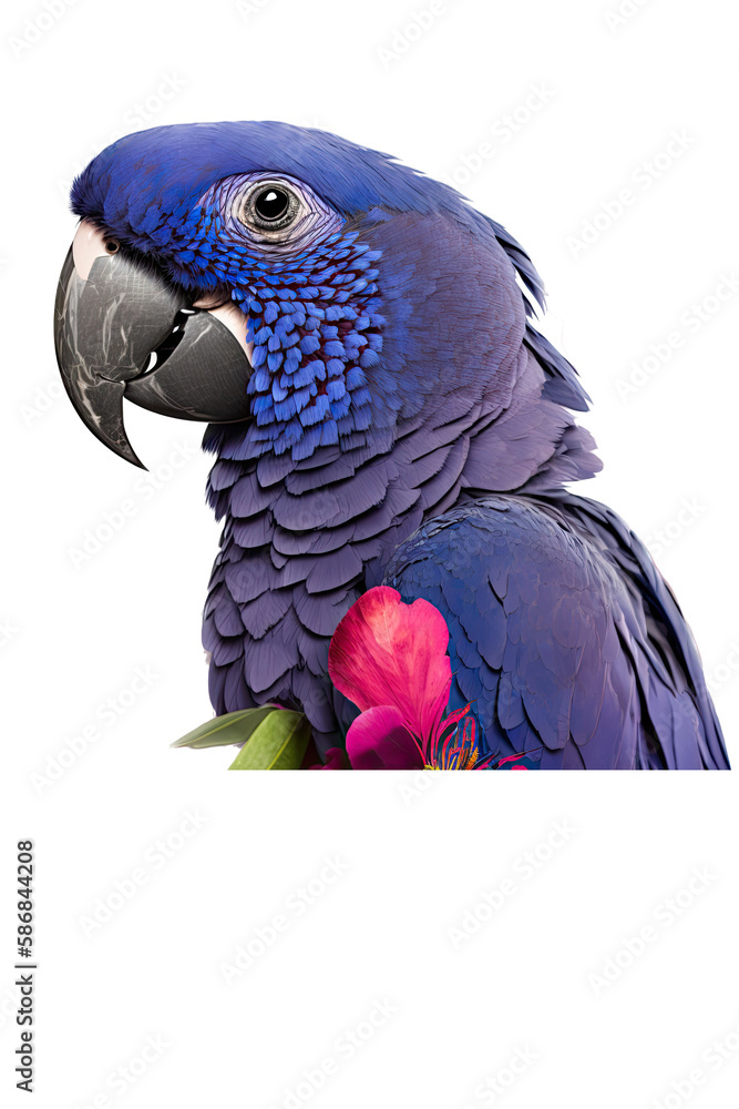 Fototapeta premium a summer-themed macro photographic illustration of a blue indigo and purple macaw parrot with pink flowers transparent background in PNG. T-shirt Design. Generative AI