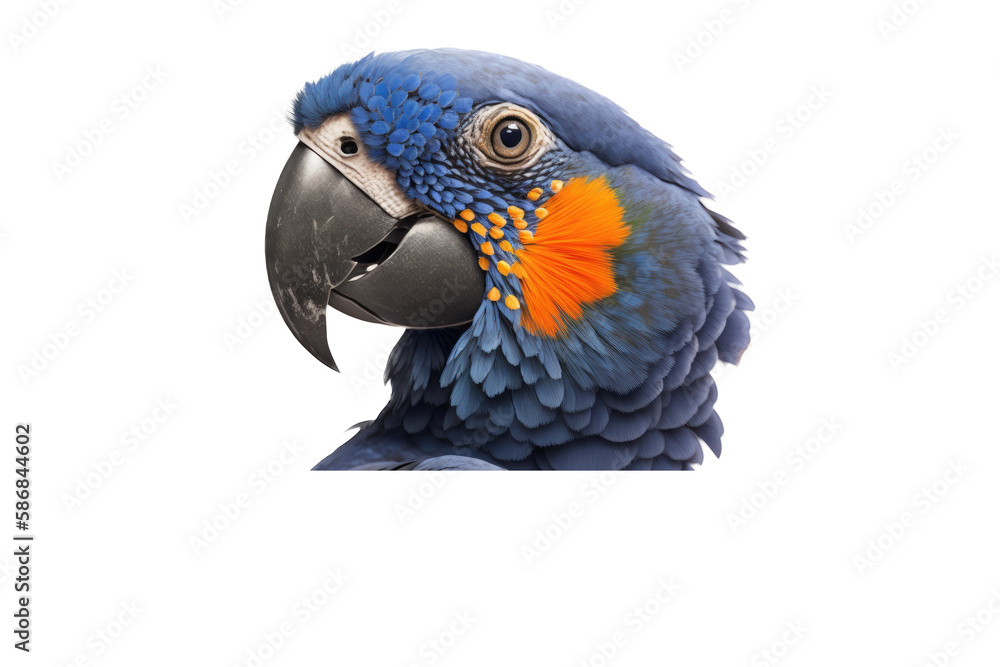 Obraz premium a summer-themed macro up-close photographic illustration of a blue indigo and orange macaw parrot head with flowers transparent background in PNG. T-shirt Design. Generative AI