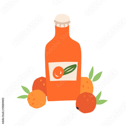 Orange lemonade or soda glass bottle, fresh orange fruit near. Refreshing citrus beverage, homemade organic drink