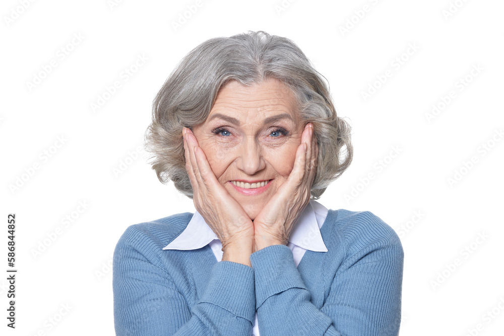 portrait of senior woman, posing against white background portrait of senior woman, posing against white background