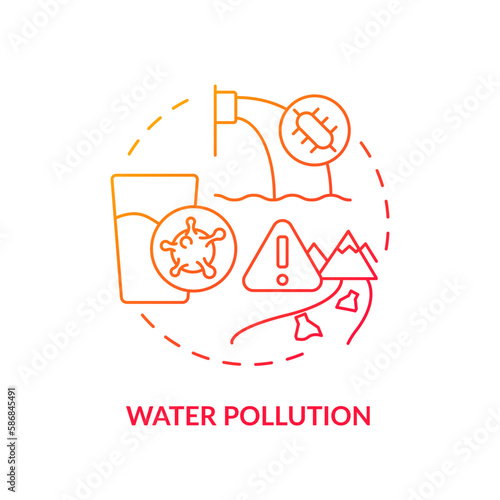 Water pollution red gradient concept icon. Contamination of waterbodies. Hydro source threat abstract idea thin line illustration. Isolated outline drawing. Myriad Pro-Bold font used