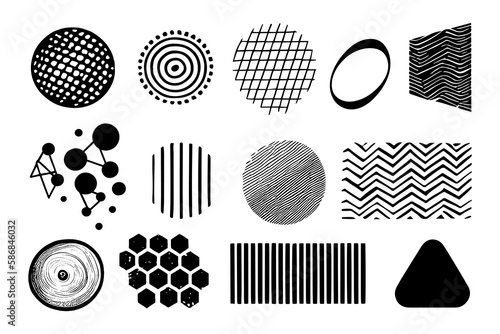Shapes geometric elements in trendy style. Vector design elements. Abstract dots, lines, curves shapes illustration set. Modern grungy style poste