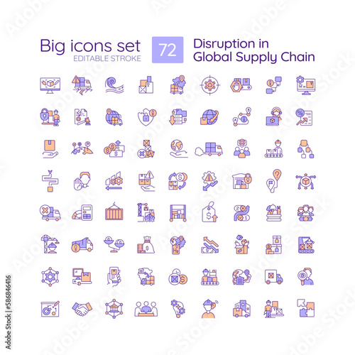 Disruption in global supply chain RGB color icons set. Distribution industry issues. Logistic service. Isolated vector illustrations. Simple filled line drawings collection. Editable stroke