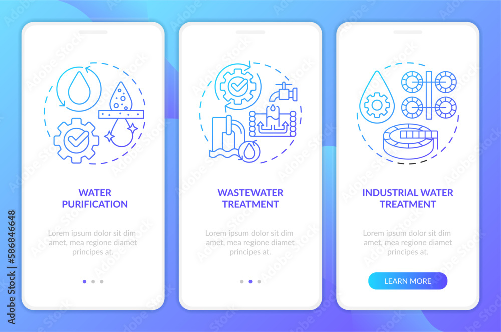Naklejka premium Water treatment blue gradient onboarding mobile app screen. Purification walkthrough 3 steps graphic instructions with linear concepts. UI, UX, GUI template. Myriad Pro-Bold, Regular fonts used