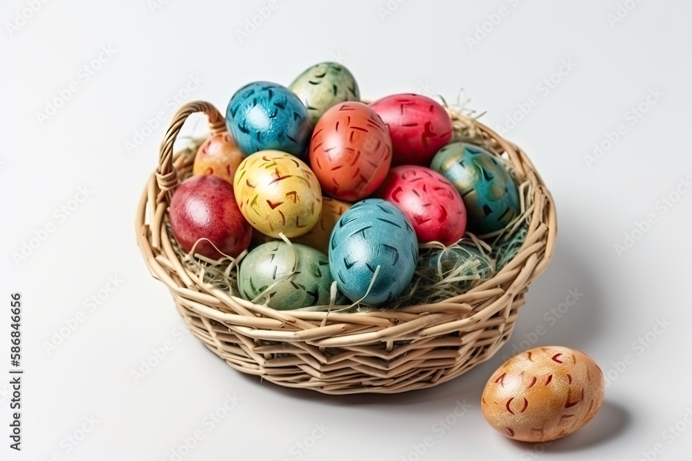 basket overflowing with brightly painted Easter eggs. Generative AI basket overflowing with brightly painted Easter eggs. Generative AI
