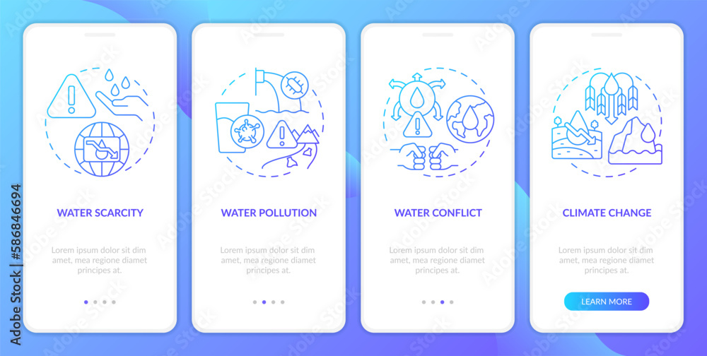 Water source threats blue gradient onboarding mobile app screen. Dangers walkthrough 4 steps graphic instructions with linear concepts. UI, UX, GUI template. Myriad Pro-Bold, Regular fonts used