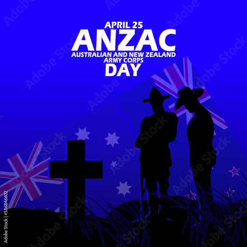 Two soldiers saluting a grave with a tombstone in the shape of a cross with an Australian flag and New Zealand flag background to commemorate Anzac Day on April 25