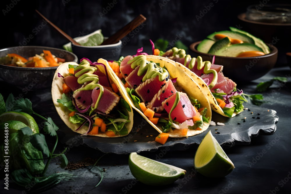 Mexican appetizer poke tacos with fish, mix of cultures, fusion. With Generative AI tehnology Mexican appetizer poke tacos with fish, mix of cultures, fusion. With Generative AI tehnology