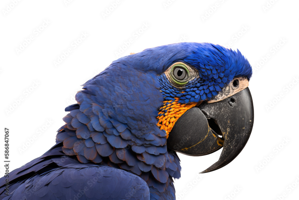 Fototapeta premium a summer-themed macro up-close photographic illustration of a blue indigo and orange macaw parrot head with flowers transparent background in PNG. T-shirt Design. Generative AI