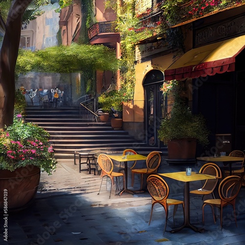 Summer terrace, outdoor city cafe, coffeehouse, created with generative ai © Natalia