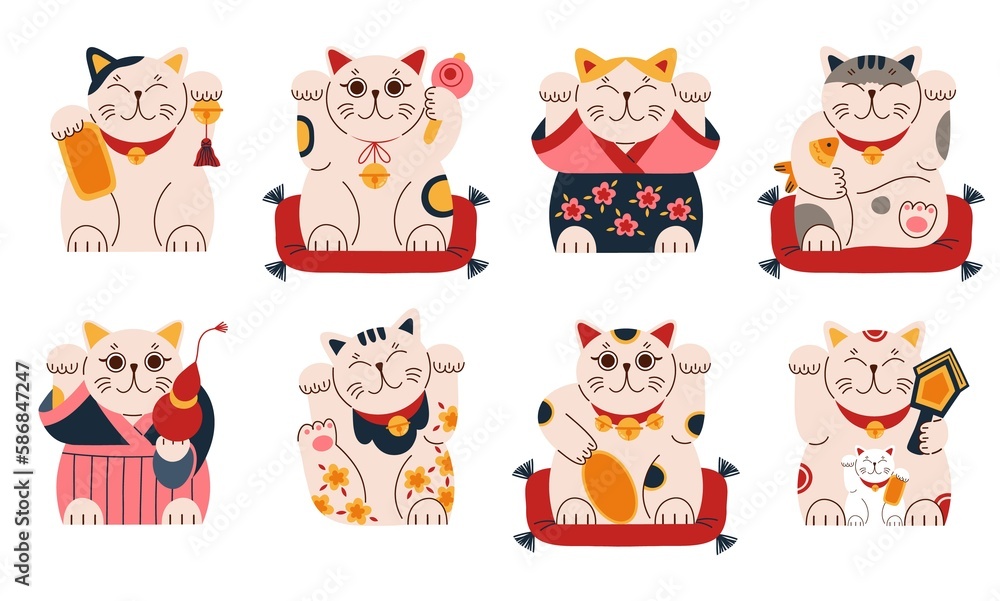 Cute maneki neko figurines. Traditional japanese lucky symbols, funny cats with raised paw, kimono, cartoon happy ceramic dolls, vector set.jpg Cute maneki neko figurines. Traditional japanese lucky symbols, funny cats with raised paw, kimono, cartoon happy ceramic dolls, vector set.jpg