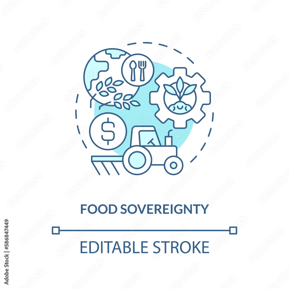 Food sovereignty turquoise concept icon. Farm system. Agriculture policy concern abstract idea thin line illustration. Isolated outline drawing. Editable stroke. Arial, Myriad Pro-Bold fonts used