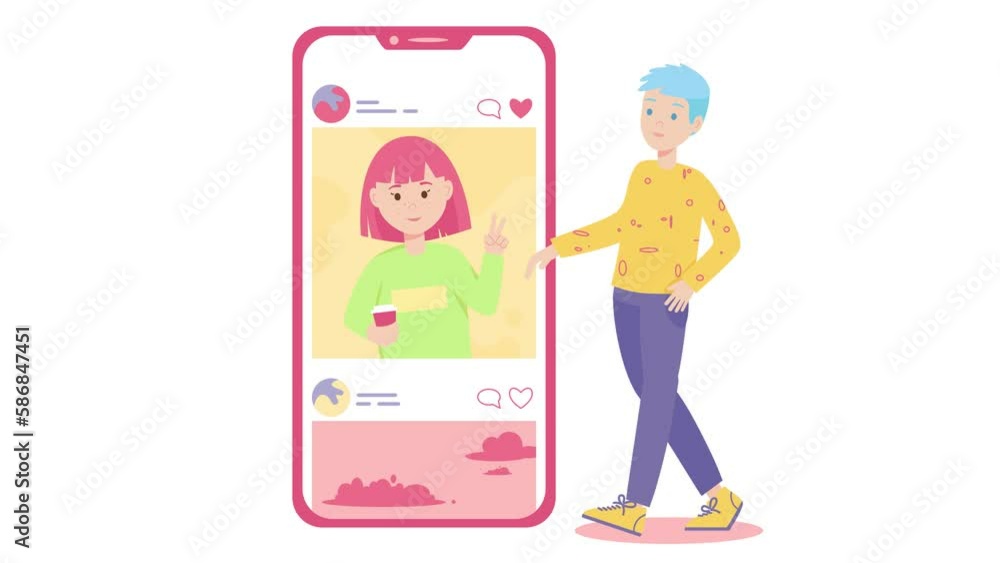 Young Boy Likes Picture of Young Girl. SMM Banner. Social Media Marketing Concept. 2D Flat Animation. Young Boy Likes Picture of Young Girl. SMM Banner. Social Media Marketing Concept. 2D Flat Animation.