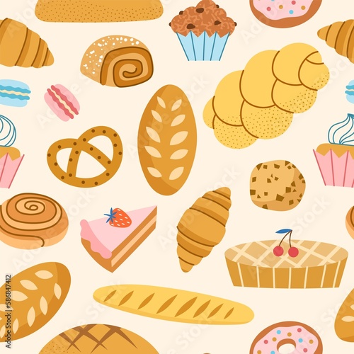 Cartoon bakery products. Seamless pattern, sweet pastry food, sugar desserts and flour muffins, bread and croissant, vector repeat backdrop.jpg