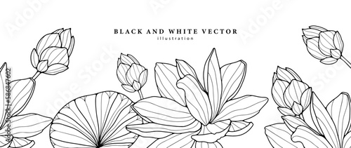 Black and white vector floral illustration with water lotus, flowers and leaves for coloring books, covers, backgrounds, decor, cards, designs