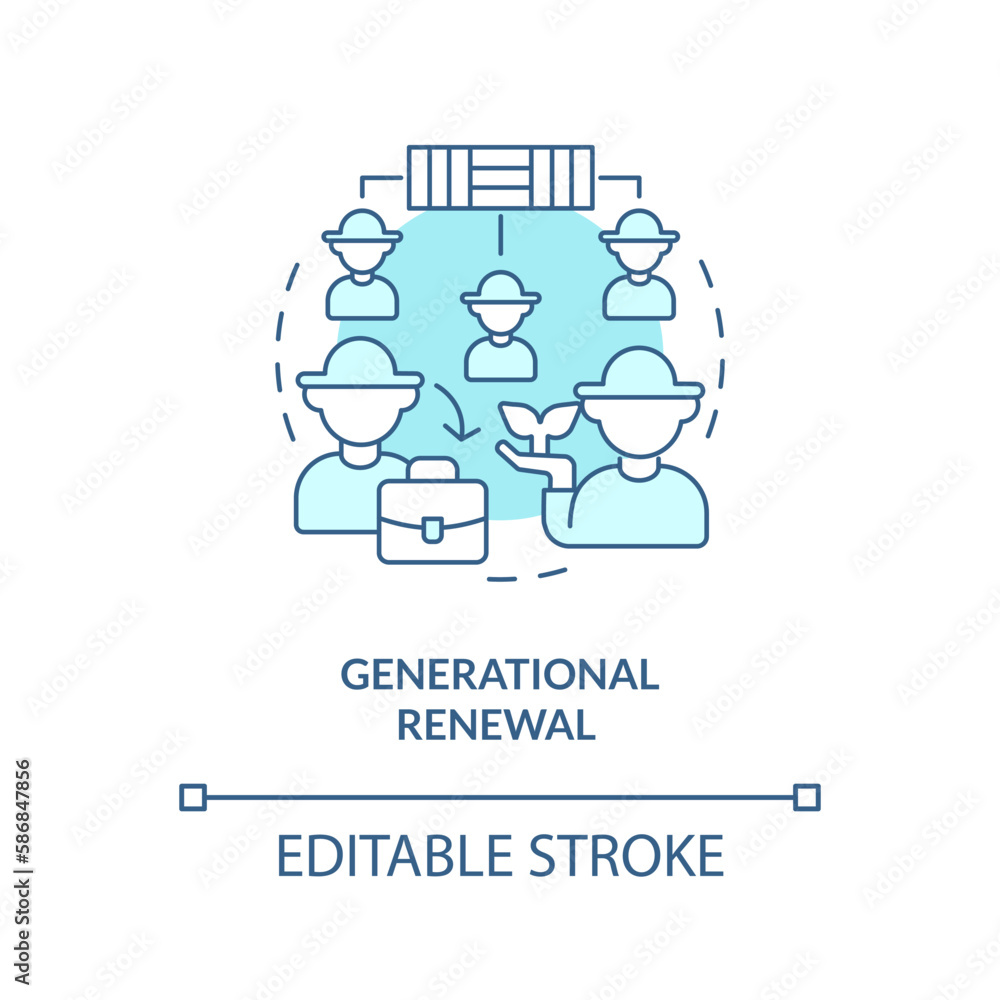 Generational renewal turquoise concept icon. Community. Agriculture policy objective abstract idea thin line illustration. Isolated outline drawing. Editable stroke. Arial, Myriad Pro-Bold fonts used