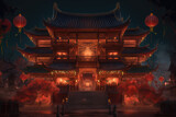 Traditional Chinese Buddhist Temple at night illuminated for the Mid-Autumn festival. Traditional Chinese lanterns display in Temple illuminated for Chinese new year festival., generative AI