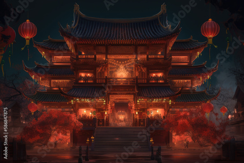 Traditional Chinese Buddhist Temple at night illuminated for the Mid-Autumn festival. Traditional Chinese lanterns display in Temple illuminated for Chinese new year festival., generative AI
