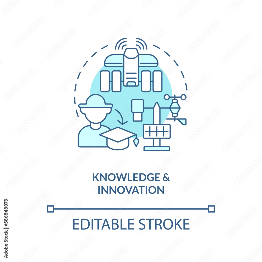 Knowledge and innovation turquoise concept icon. Agriculture policy objective abstract idea thin line illustration. Isolated outline drawing. Editable stroke. Arial, Myriad Pro-Bold fonts used