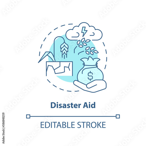 Disaster aid turquoise concept icon. Insurance for farmers. Agricultural subsidy abstract idea thin line illustration. Isolated outline drawing. Editable stroke. Arial, Myriad Pro-Bold fonts used