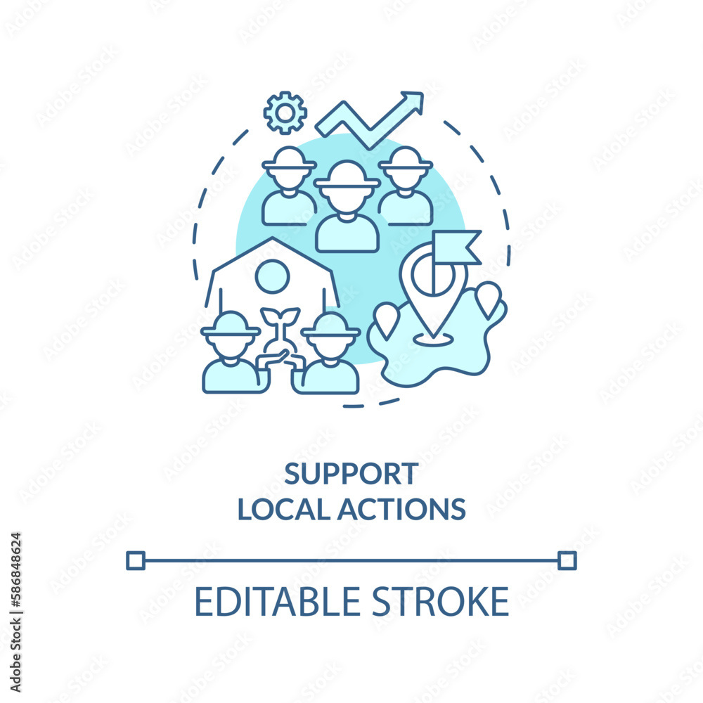Support local actions turquoise concept icon. Farming. Rural development program abstract idea thin line illustration. Isolated outline drawing. Editable stroke. Arial, Myriad Pro-Bold fonts used