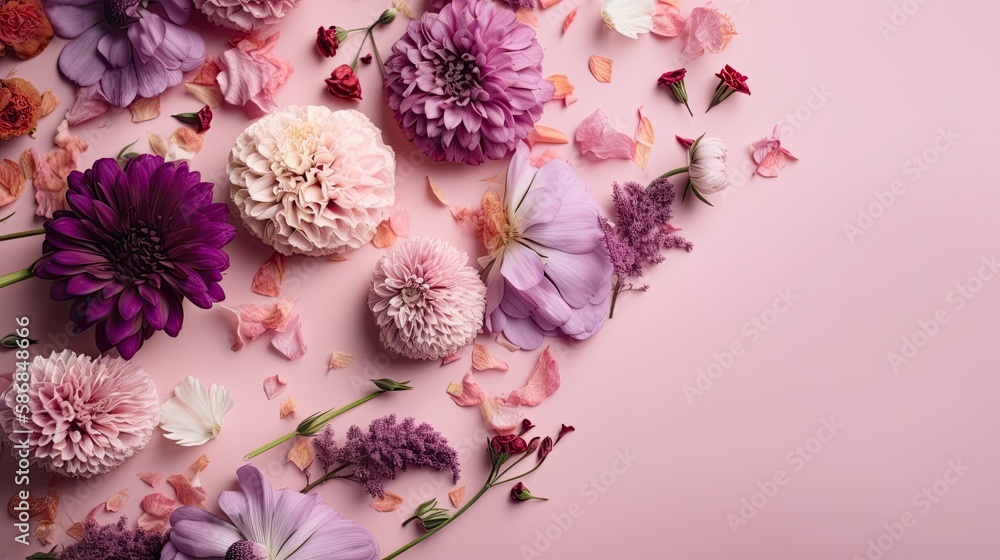 Purple background with top view pink and purple flowers composition. Generative AI. Purple background with top view pink and purple flowers composition. Generative AI.