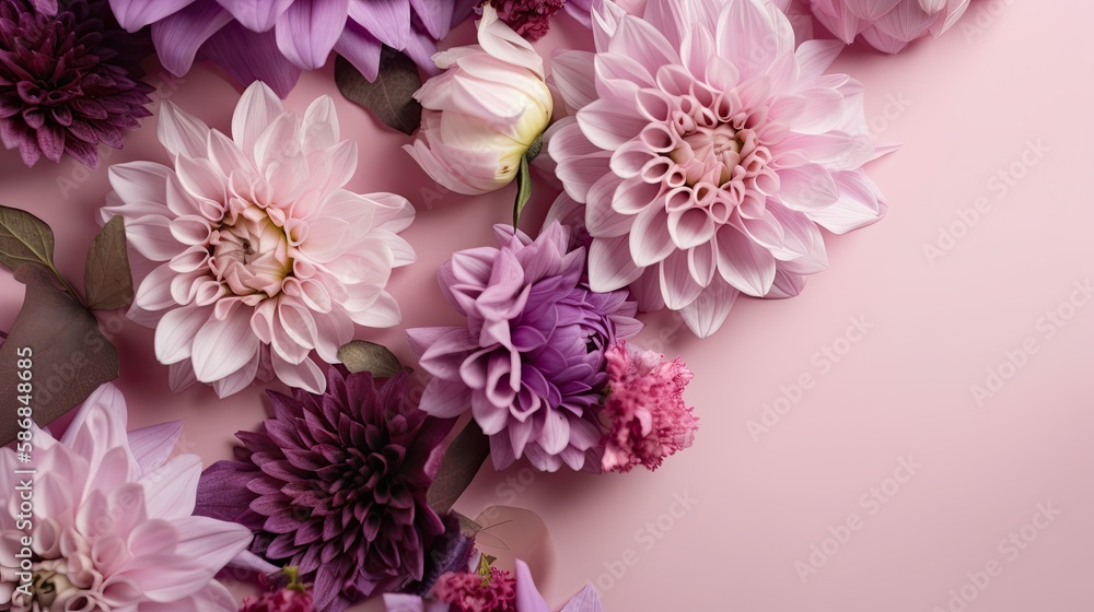 Purple background with top view pink and purple flowers composition. Generative AI. Purple background with top view pink and purple flowers composition. Generative AI.