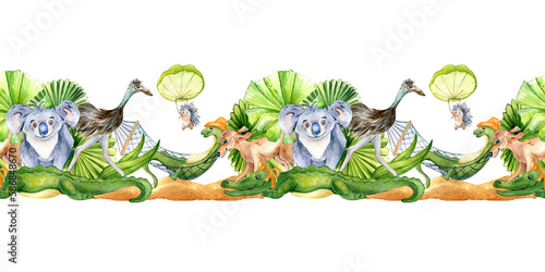 Seamless board of cartoon animals watercolor illustration isolated on white. © Katyalanbina@gmail 