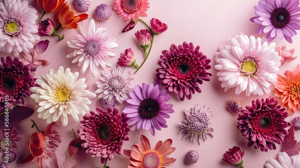 Purple background with top view pink and purple flowers composition. Generative AI. Purple background with top view pink and purple flowers composition. Generative AI.