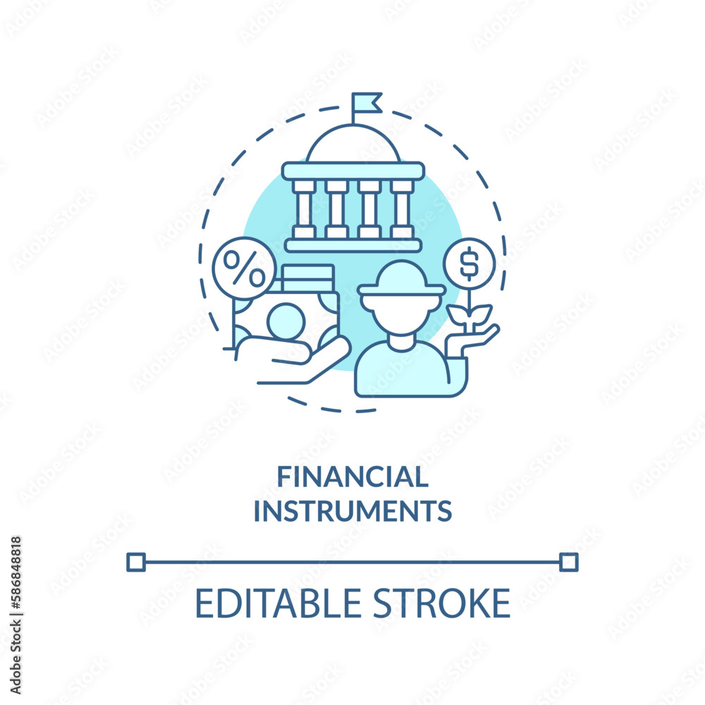 Financial instruments turquoise concept icon. Support. Rural development program abstract idea thin line illustration. Isolated outline drawing. Editable stroke. Arial, Myriad Pro-Bold fonts used