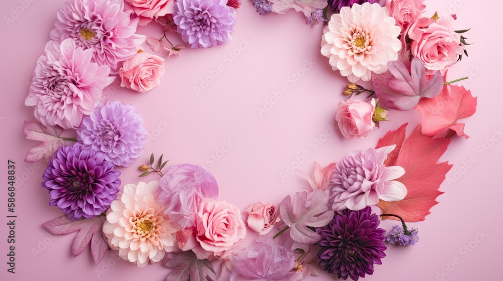 Purple background with top view pink and purple flowers composition. Generative AI. Purple background with top view pink and purple flowers composition. Generative AI.