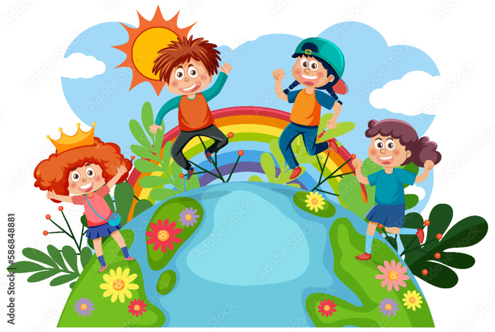 Naklejka premium Kids having fun on earth planet