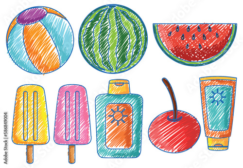 Summer Beach Objects in Pencil Colour Sketch Simple Style