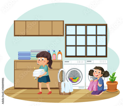 Kids doing laundry with washing machine