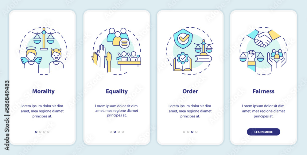 Law and justice ideas onboarding mobile app screen. Walkthrough 4 steps editable graphic instructions with linear concepts. UI, UX, GUI template. Myriad Pro-Bold, Regular fonts used