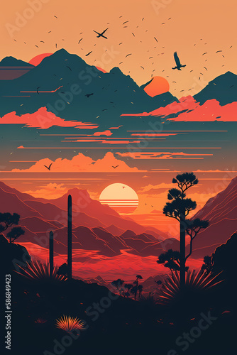 Futuristische Landschaft  Eine Illustration von Berge bei Sonnenuntergang