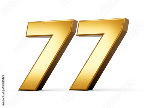Gold number 77 Seventy Seven isolated white background. shiny 3d number made of gold 3d illustration photo