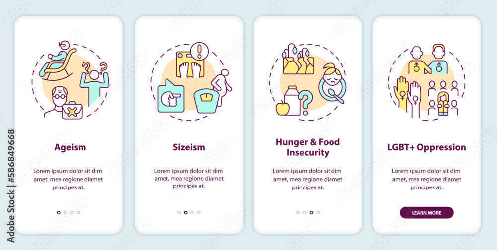 Social injustice examples onboarding mobile app screen. Walkthrough 4 steps editable graphic instructions with linear concepts. UI, UX, GUI template. Myriad Pro-Bold, Regular fonts used